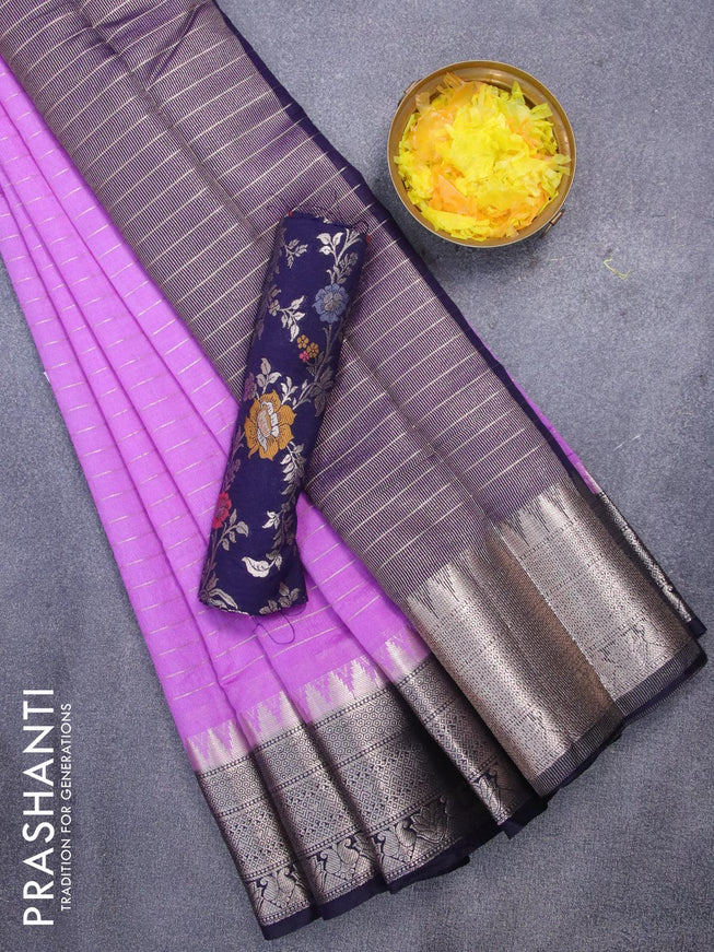 Semi dupion saree lavender and navy blue with allover zari stripes pattern and temple zari woven border & meenakari blouse