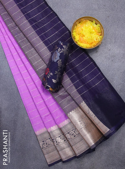 Semi dupion saree lavender and navy blue with allover zari stripes pattern and zari woven border & meenakari blouse