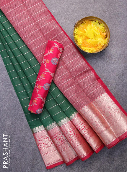 Semi dupion saree green and pink with allover zari stripes pattern and zari woven border & meenakari blouse