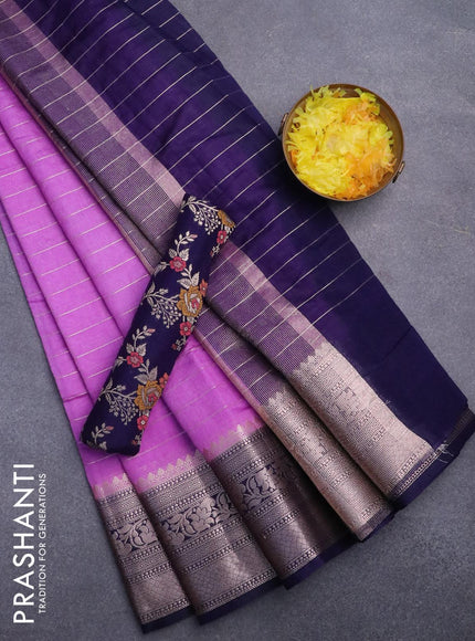 Semi dupion saree violet and navy blue with allover zari stripes pattern and zari woven border & meenakari blouse