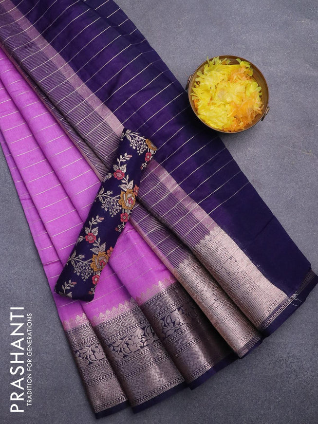 Semi dupion saree violet and navy blue with allover zari stripes pattern and zari woven border & meenakari blouse