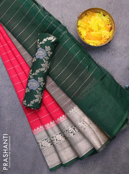 Semi dupion saree pink and dark green with allover zari stripes pattern and zari woven border & meenakari blouse