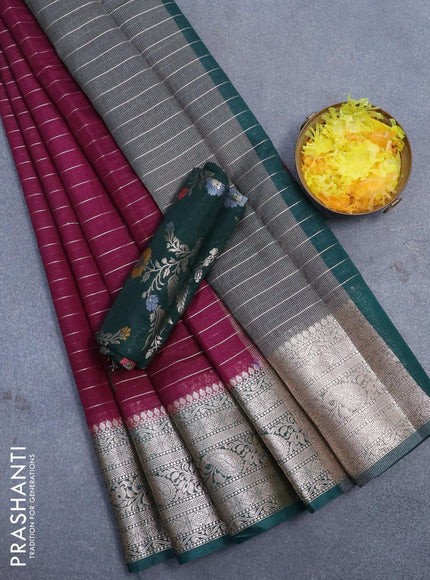 Semi dupion saree wine shade and dark green with allover zari stripes pattern and zari woven border & meenakari blouse