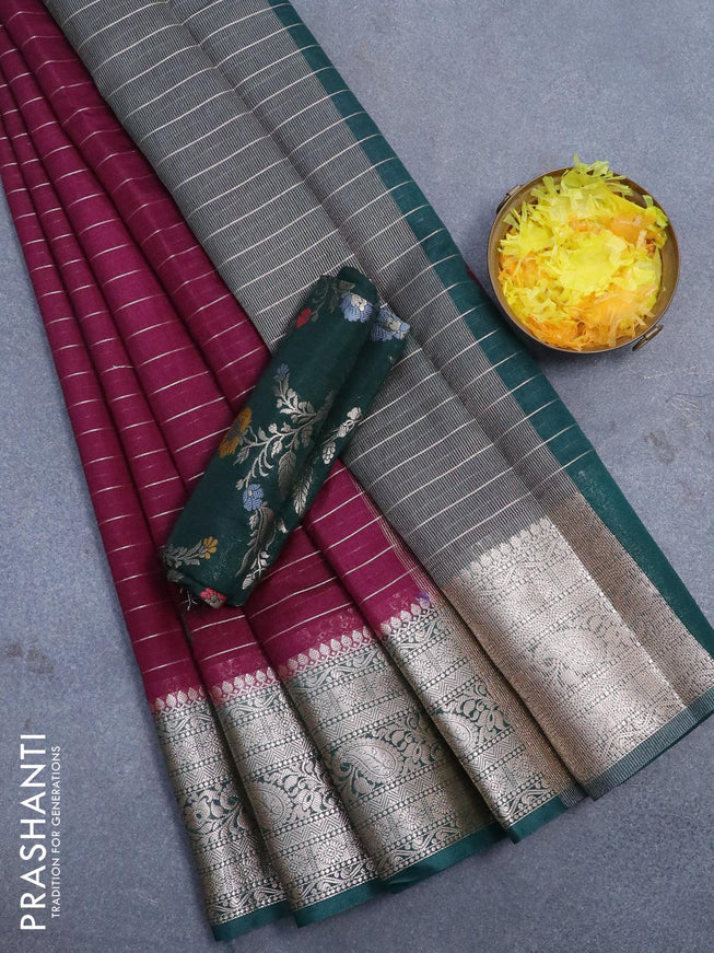 Semi dupion saree wine shade and dark green with allover zari stripes pattern and zari woven border & meenakari blouse