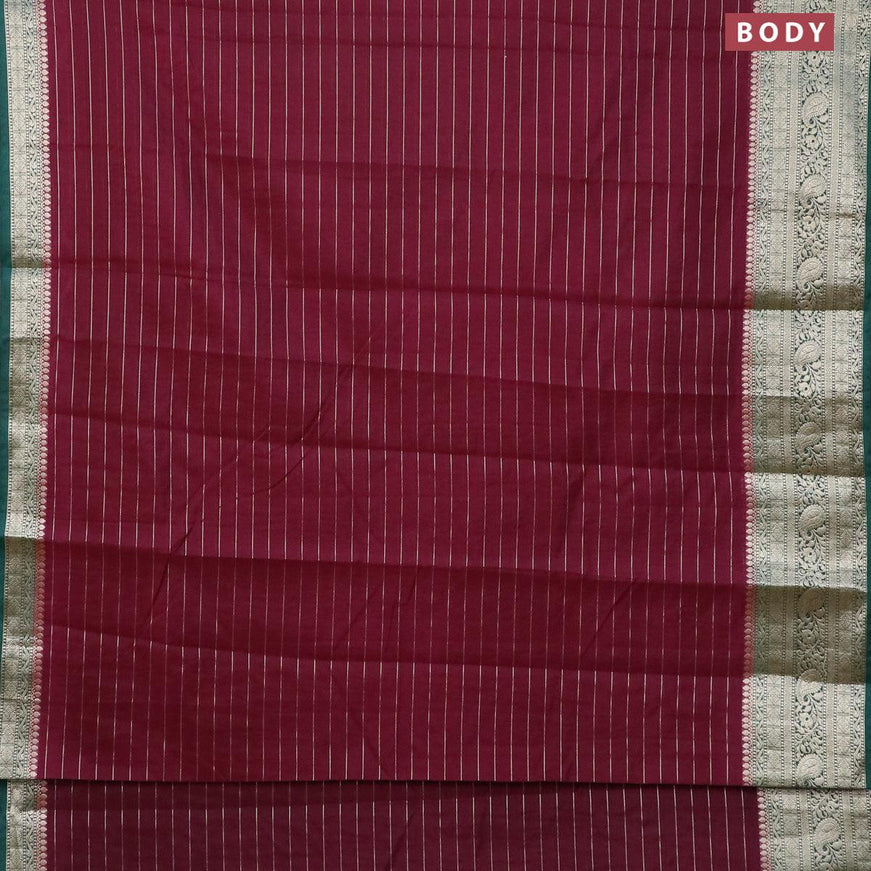 Semi dupion saree wine shade and dark green with allover zari stripes pattern and zari woven border & meenakari blouse