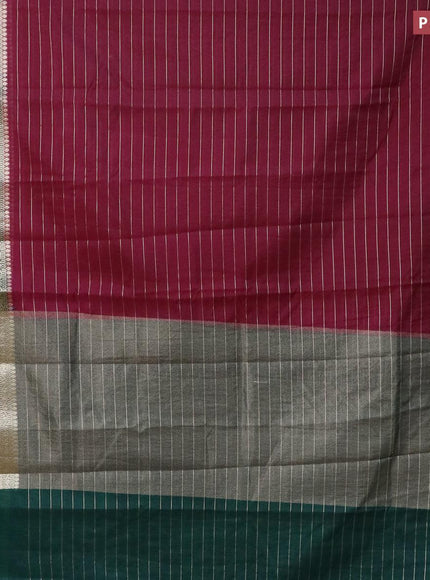 Semi dupion saree wine shade and dark green with allover zari stripes pattern and zari woven border & meenakari blouse