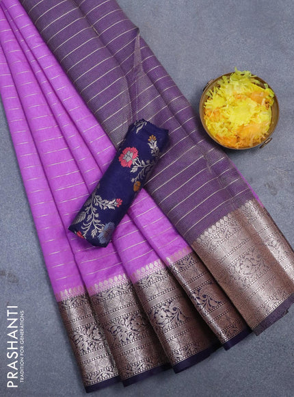 Semi dupion saree lavender and navy blue with allover zari stripes pattern and zari woven border & meenakari blouse