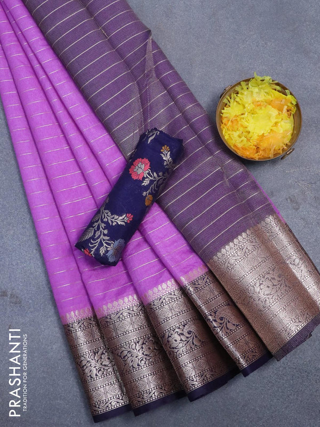 Semi dupion saree lavender and navy blue with allover zari stripes pattern and zari woven border & meenakari blouse