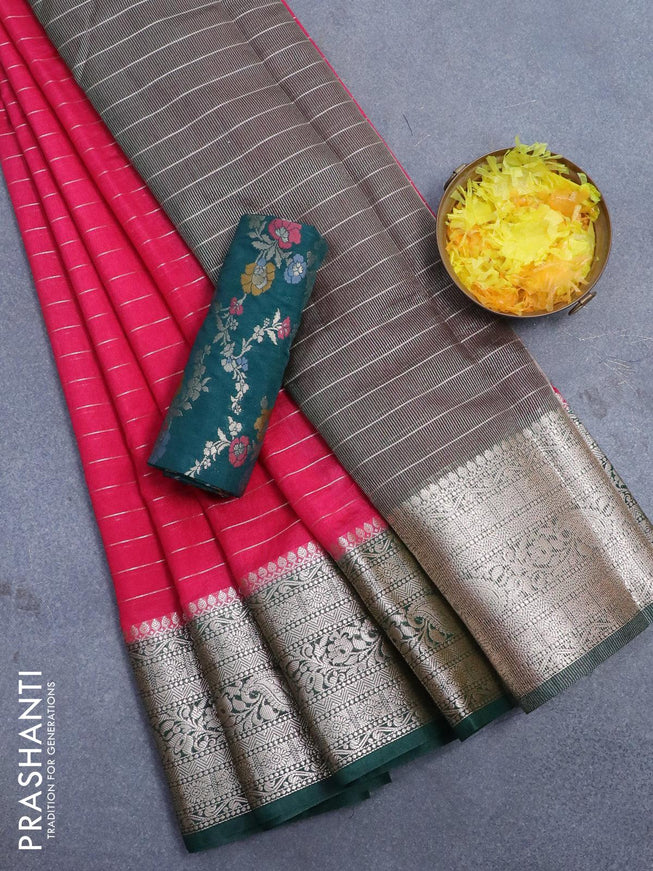 Semi dupion saree pink and dark green with allover zari stripes pattern and zari woven border & meenakari blouse