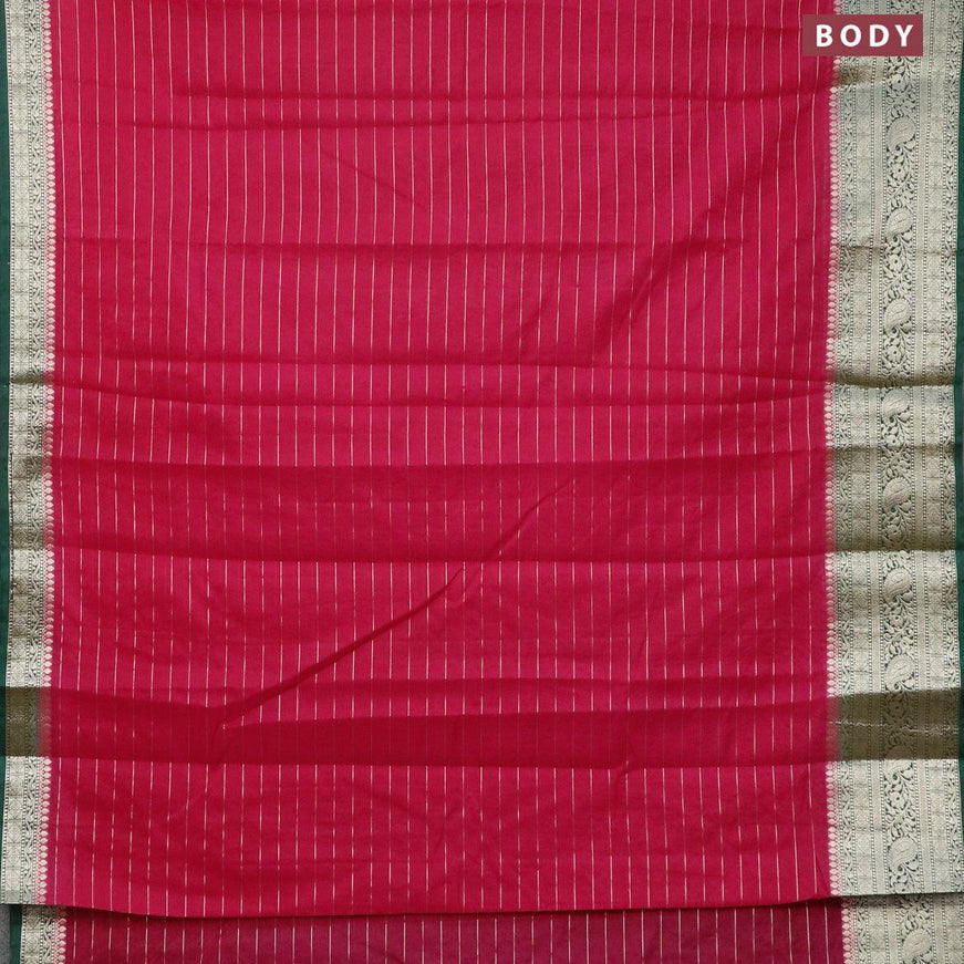 Semi dupion saree pink and dark green with allover zari stripes pattern and zari woven border & meenakari blouse