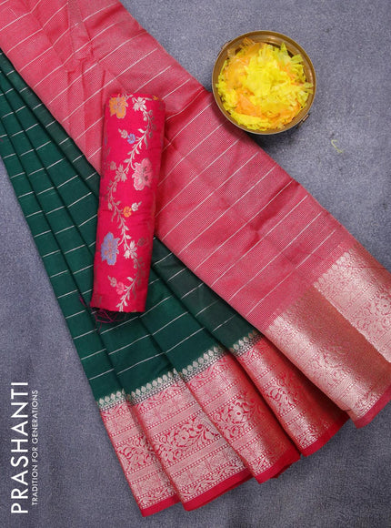 Semi dupion saree dark green and reddish pink with allover zari stripes pattern and zari woven border & meenakari blouse