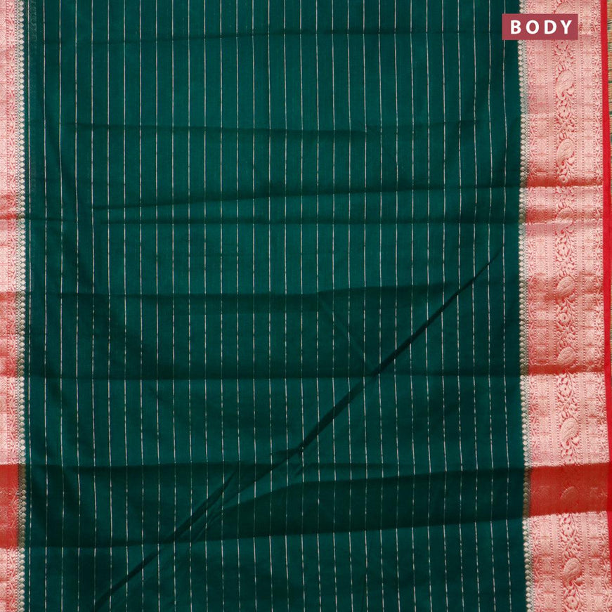 Semi dupion saree dark green and reddish pink with allover zari stripes pattern and zari woven border & meenakari blouse