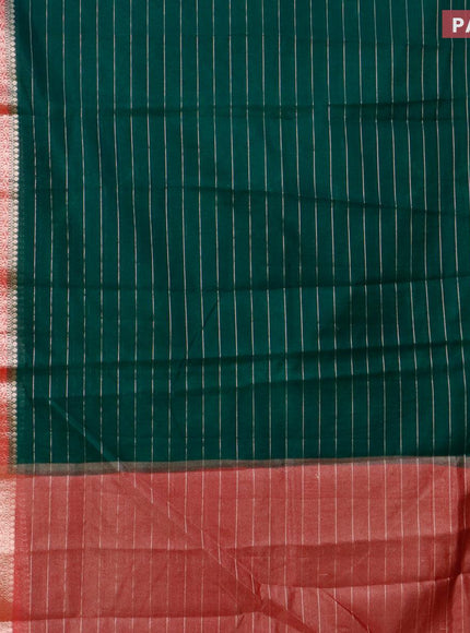 Semi dupion saree dark green and reddish pink with allover zari stripes pattern and zari woven border & meenakari blouse