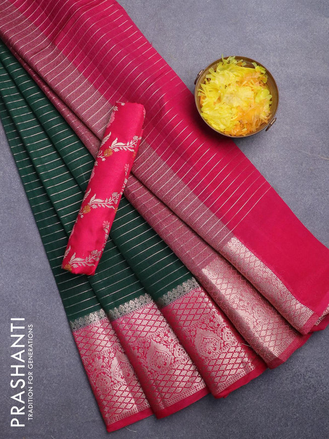 Semi dupion saree dark green and pink with allover zari stripes pattern and zari woven border & meenakari blouse