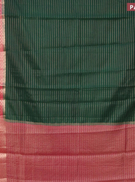 Semi dupion saree dark green and pink with allover zari stripes pattern and zari woven border & meenakari blouse