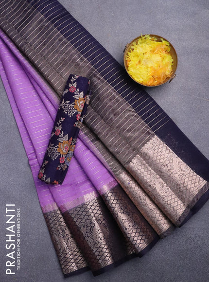 Semi dupion saree lavender and navy blue with allover zari stripes pattern and zari woven border & meenakari blouse