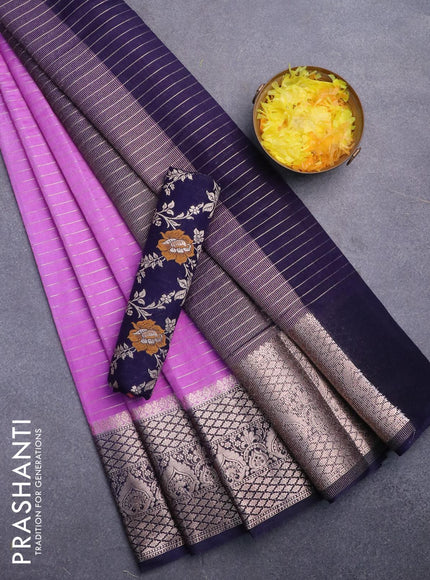 Semi dupion saree lavender and navy blue with allover zari stripes pattern and zari woven border & meenakari blouse