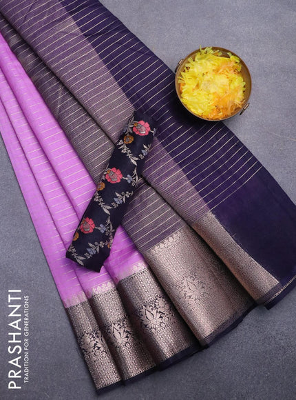 Semi dupion saree lavender and navy blue with allover zari stripes pattern and zari woven border & meenakari blouse