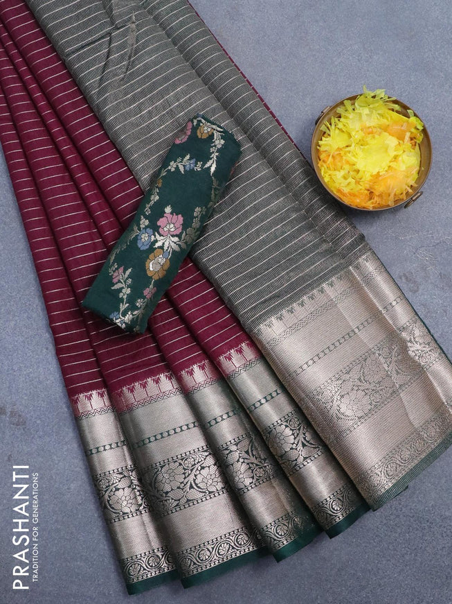 Semi dupion saree wine shade and bottle green with allover zari stripes pattern and long zari woven border & meenakari blouse