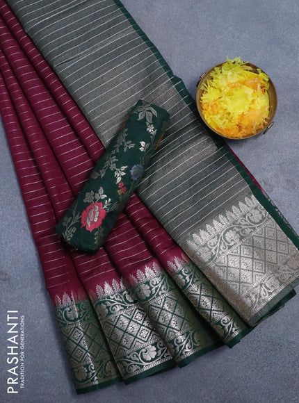 Semi dupion saree wine shade and dark green with allover zari stripes pattern and zari woven border & meenakari blouse