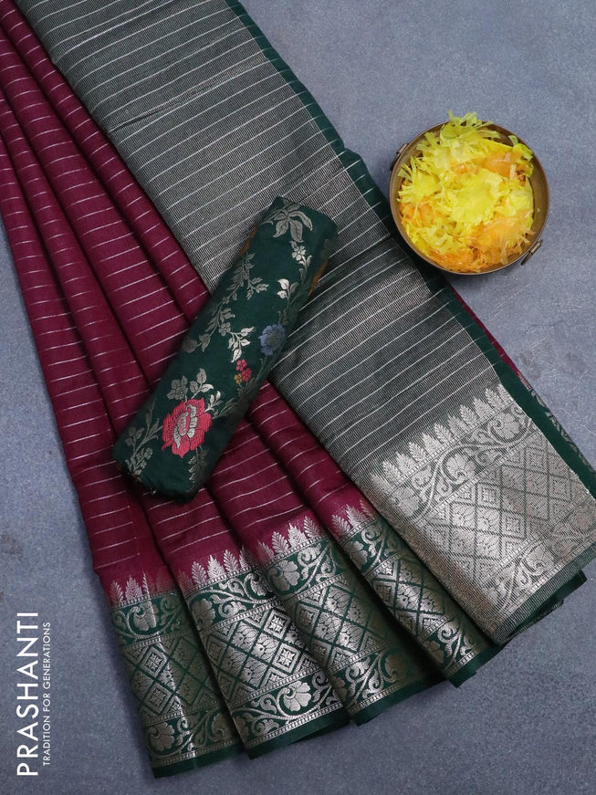 Semi dupion saree wine shade and dark green with allover zari stripes pattern and zari woven border & meenakari blouse