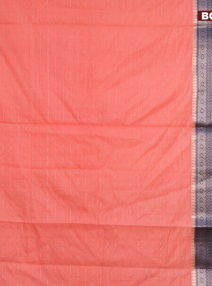 Semi dupion saree peach orange and navy blue with allover zari stripes pattern and zari woven border & meenakari blouse