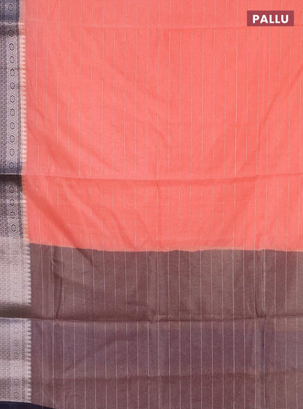 Semi dupion saree peach orange and navy blue with allover zari stripes pattern and zari woven border & meenakari blouse