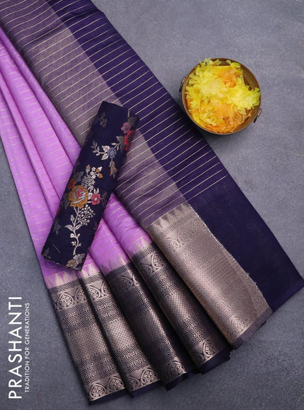 Semi dupion saree lavender and dark navy blue with allover zari stripes pattern and long zari woven border & meenakari blouse