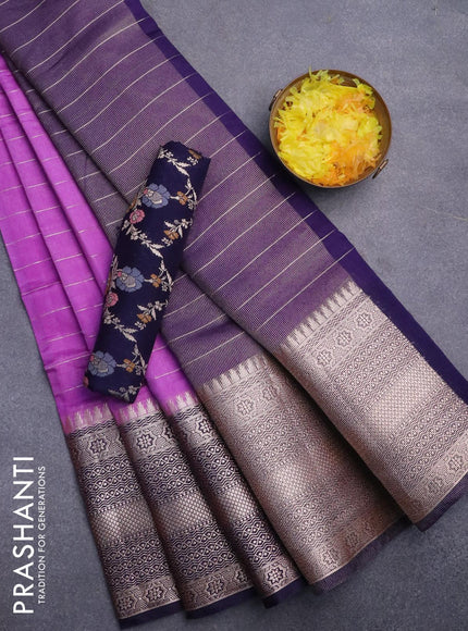 Semi dupion saree lavender shade and blue with allover zari stripes pattern and long zari woven border & meenakari blouse