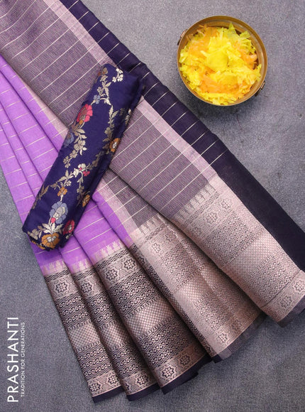 Semi dupion saree lavender and navy blue with allover zari stripes pattern and long zari woven border & meenakari blouse