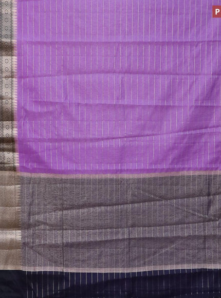 Semi dupion saree lavender and navy blue with allover zari stripes pattern and long zari woven border & meenakari blouse