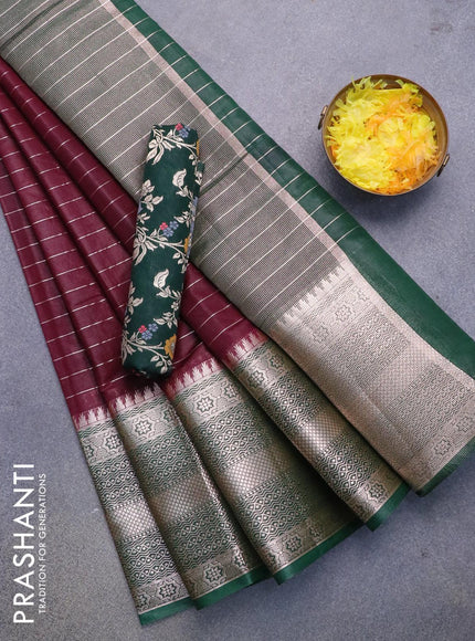 Semi dupion saree maroon and dark green with allover zari stripes pattern and long zari woven border & meenakari blouse