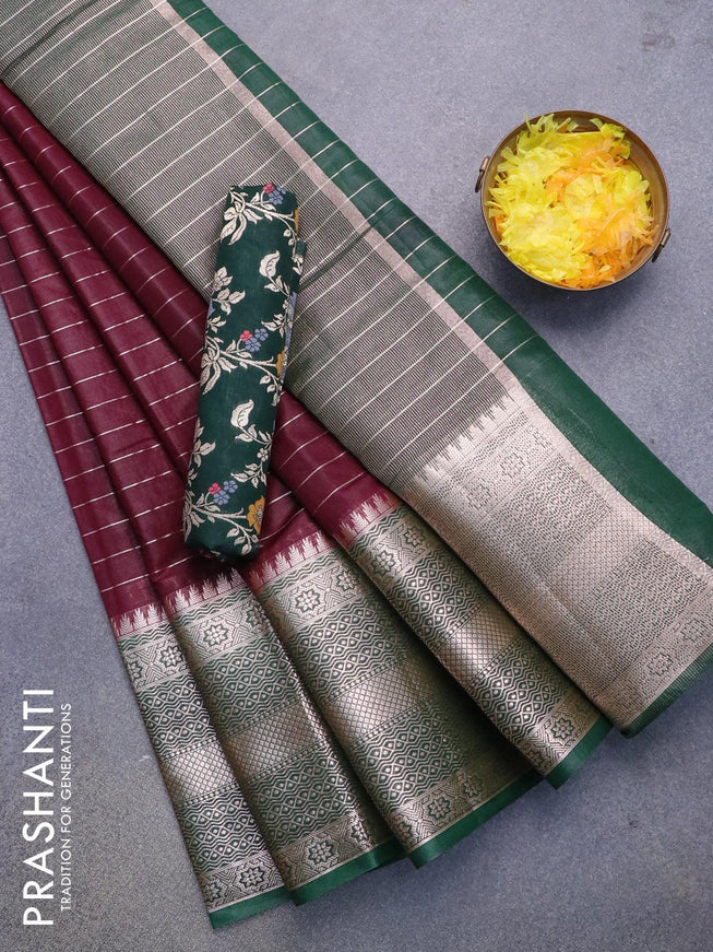 Semi dupion saree maroon and dark green with allover zari stripes pattern and long zari woven border & meenakari blouse