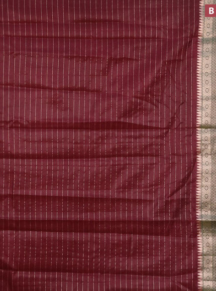 Semi dupion saree maroon and dark green with allover zari stripes pattern and long zari woven border & meenakari blouse