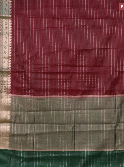 Semi dupion saree maroon and dark green with allover zari stripes pattern and long zari woven border & meenakari blouse