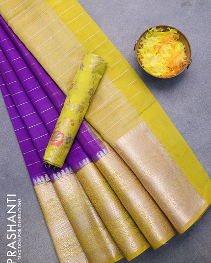 Semi dupion saree violet and lime yellow with allover zari stripes pattern and long zari woven border & meenakari blouse