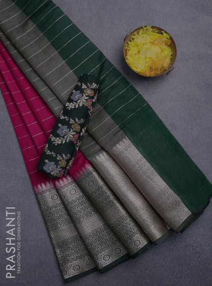 Semi dupion saree reddish pink and dark green with allover zari stripes pattern and long zari woven border & meenakari blouse