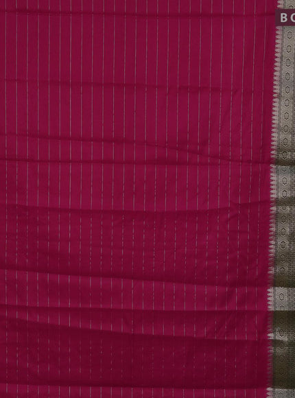 Semi dupion saree reddish pink and dark green with allover zari stripes pattern and long zari woven border & meenakari blouse