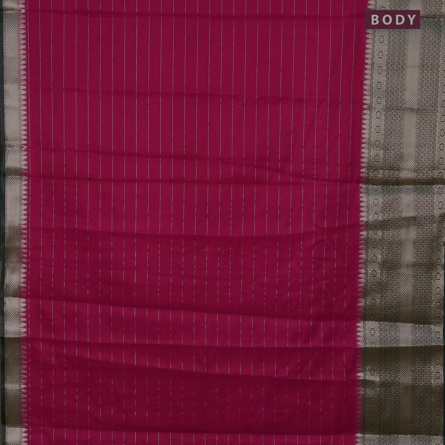 Semi dupion saree reddish pink and dark green with allover zari stripes pattern and long zari woven border & meenakari blouse