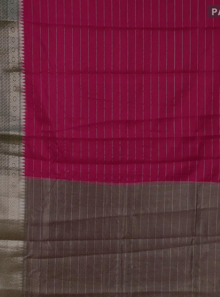 Semi dupion saree reddish pink and dark green with allover zari stripes pattern and long zari woven border & meenakari blouse