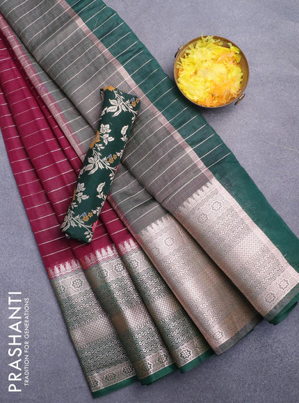 Semi dupion saree wine shade and dark green with allover zari stripes pattern and long zari woven border & meenakari blouse