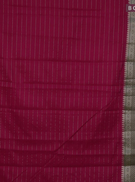 Semi dupion saree tomato red and dark green with allover zari stripes pattern and long zari woven border & meenakari blouse