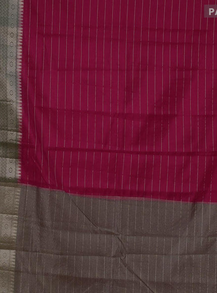 Semi dupion saree tomato red and dark green with allover zari stripes pattern and long zari woven border & meenakari blouse