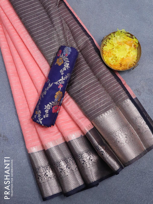 Semi dupion saree peach orange and navy blue with allover zari stripes pattern and zari woven border & meenakari blouse