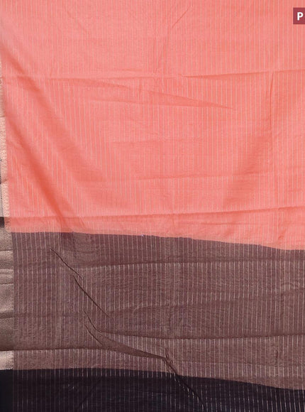 Semi dupion saree peach orange and navy blue with allover zari stripes pattern and zari woven border & meenakari blouse