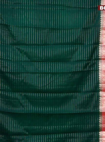 Semi dupion saree bottle green and pink with allover zari stripes pattern and long zari woven border & meenakari blouse