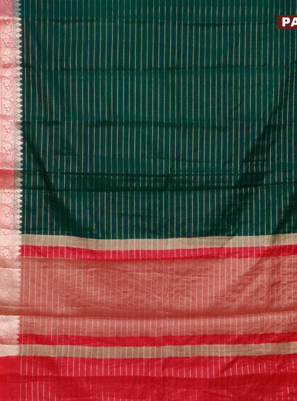 Semi dupion saree bottle green and pink with allover zari stripes pattern and long zari woven border & meenakari blouse