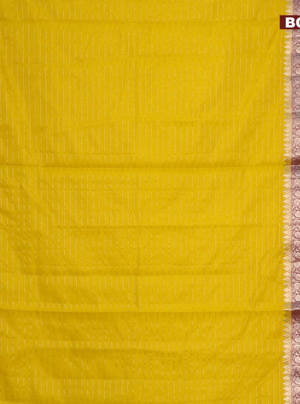 Semi dupion saree yellow and deep maroon with allover zari stripes pattern and long zari woven border & meenakari blouse