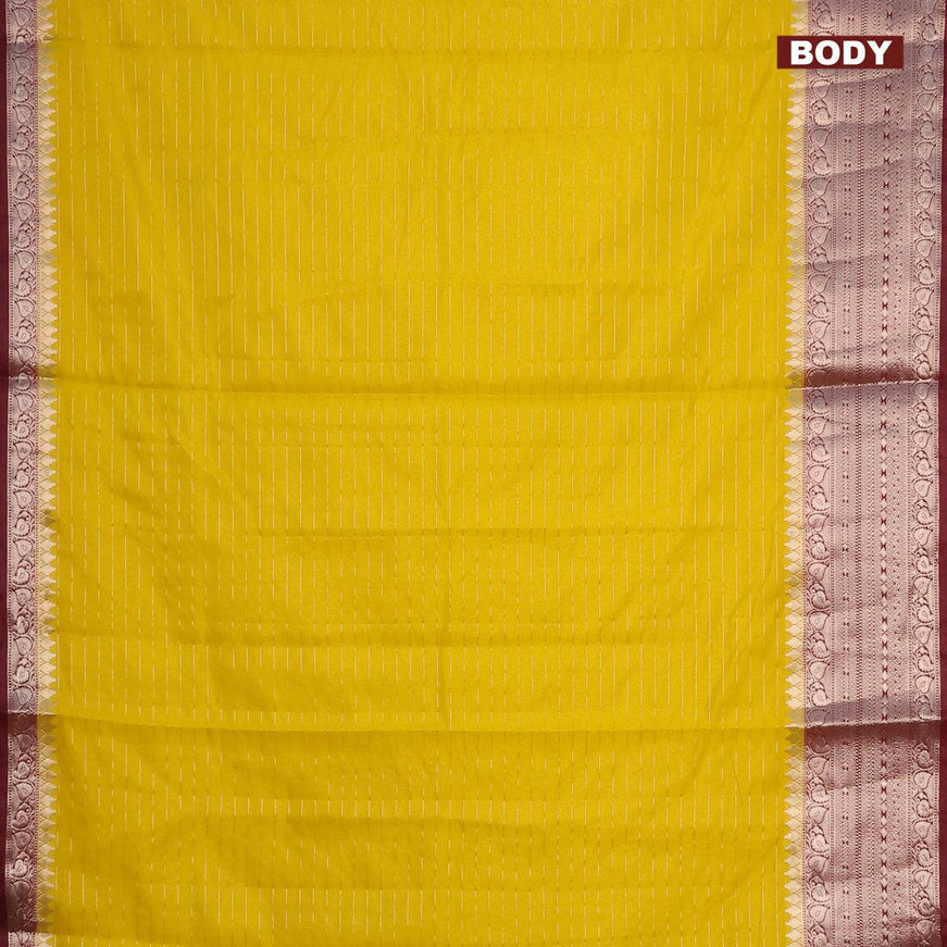 Semi dupion saree yellow and deep maroon with allover zari stripes pattern and long zari woven border & meenakari blouse