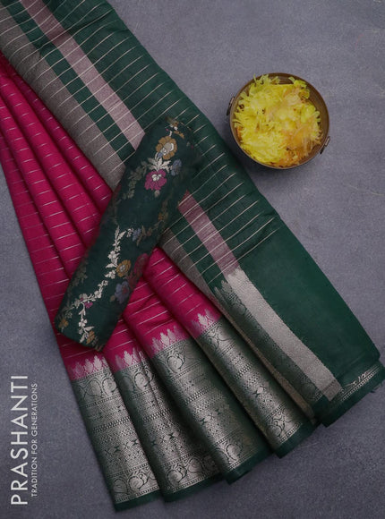 Semi dupion saree dark pink and bottle green with allover zari stripes pattern and long zari woven border & meenakari blouse